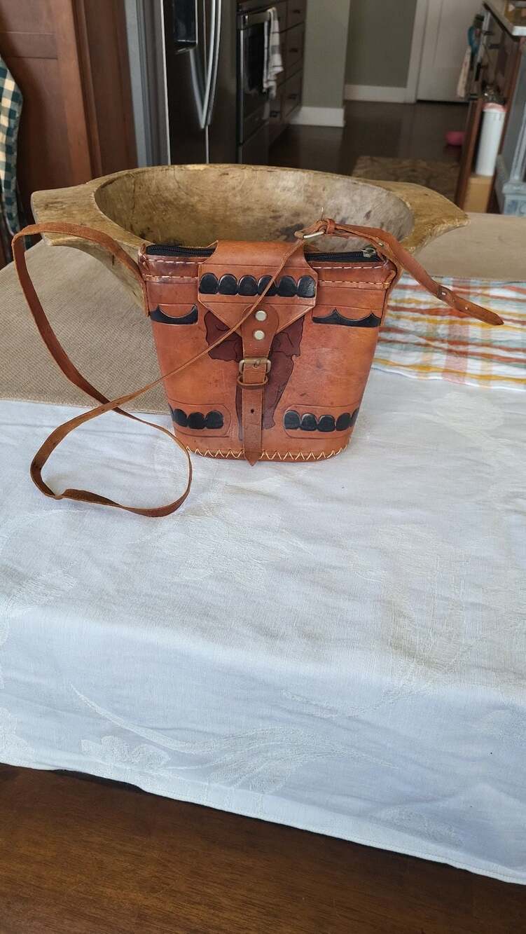 Vintage Hand-Tooled Leather African Elephant Crossbody Bucket Bag